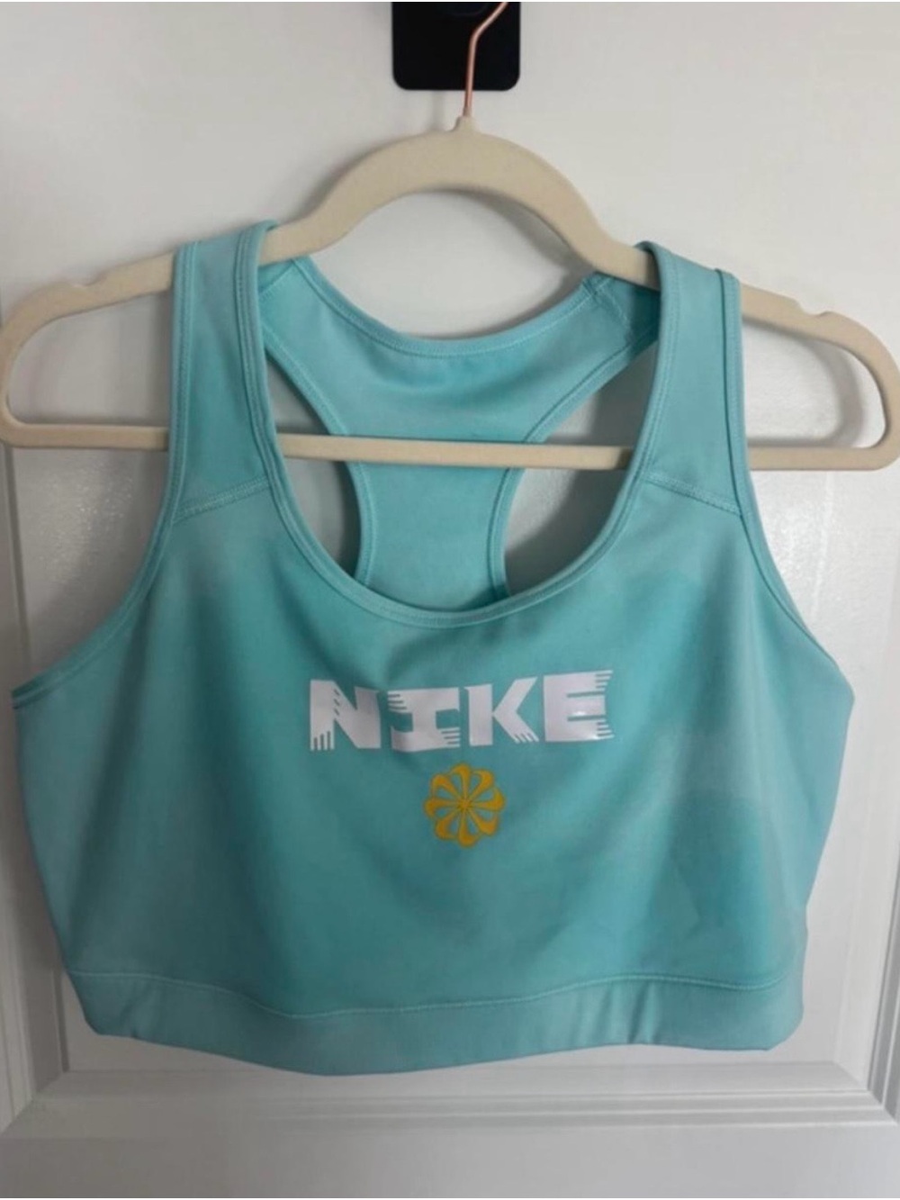 Nike Aqua Racerback Sports Bra with White Logo and Yellow Accent Size 2X